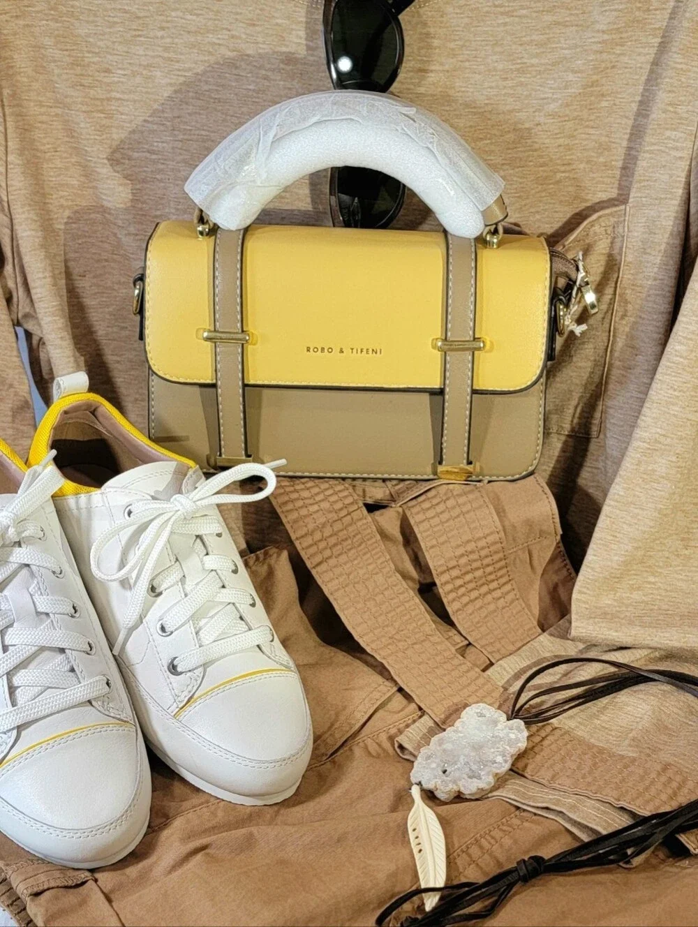 Robo & Tifeni Yellow And Khaki Structured Satchel Crossbody Bag NWT